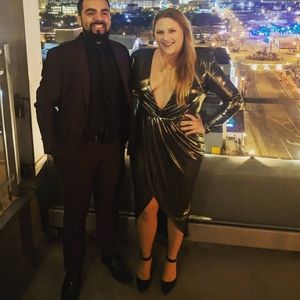 Metallic sexy plunging neck long sleeve high-low gown